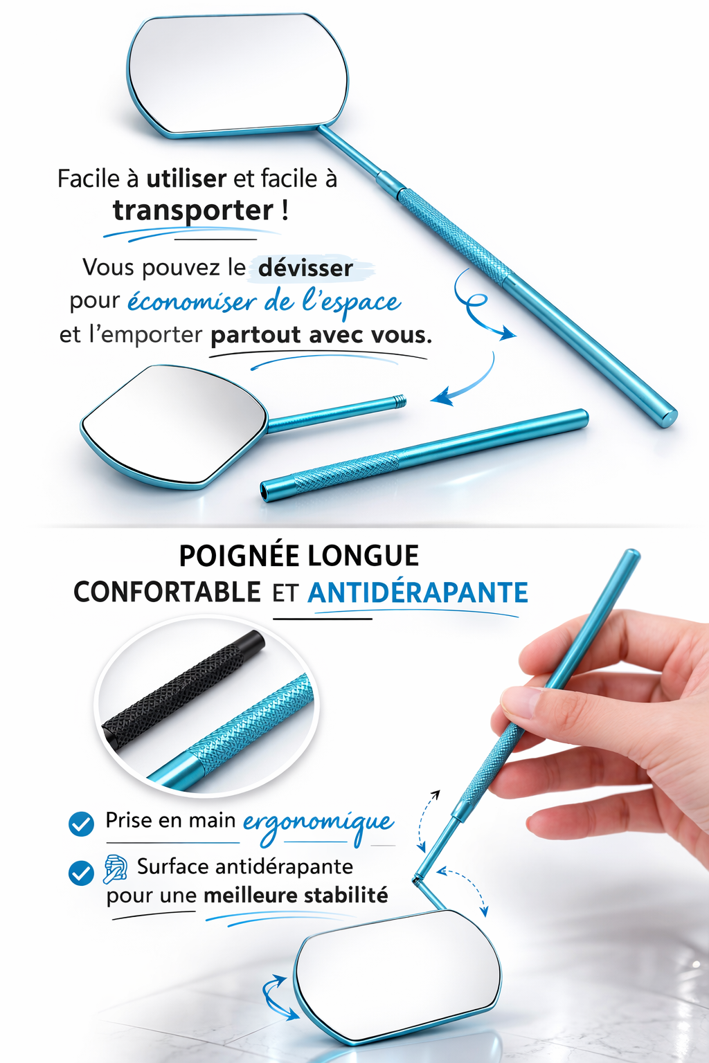 Miroir rose amovible, poignée longue et antidérapante